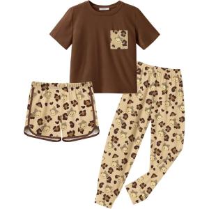 Arshiner Girls Clothes 3 Piece Outfits Short Sleeve Shirt Dolphin Shorts and Pant Sets Fashion Clothing with Pockets(Dark Brown)