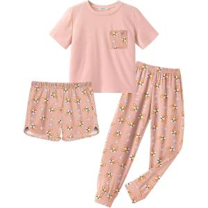 Arshiner Girls Clothes 3 Piece Outfits Short Sleeve Shirt Dolphin Shorts and Pant Sets Fashion Clothing with Pockets(Deep Pink)