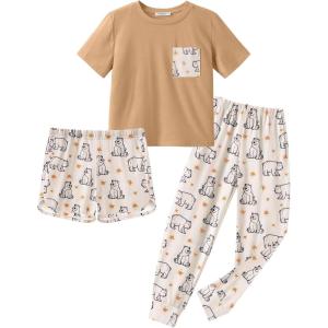 Arshiner Girls Clothes 3 Piece Outfits Short Sleeve Shirt Dolphin Shorts and Pant Sets Fashion Clothing with Pockets(Light Brown)