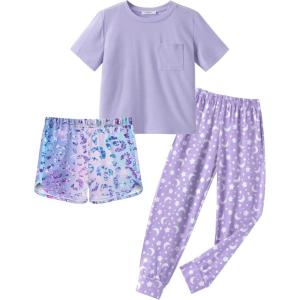 Arshiner Girls Clothes 3 Piece Outfits Short Sleeve Shirt Dolphin Shorts and Pant Sets Fashion Clothing with Pockets(Lilac)
