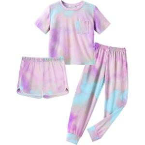 Arshiner Girls Clothes 3 Piece Outfits Short Sleeve Shirt Dolphin Shorts and Pant Sets Fashion Clothing with Pockets(Tie Dye-pink Blue)