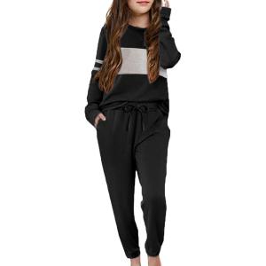 Arshiner Girls’ Clothing Sets Sweatsuits Long Sleeve Color Block Pullover Sweatshirts and Lounge Pants with Pocket(Black)