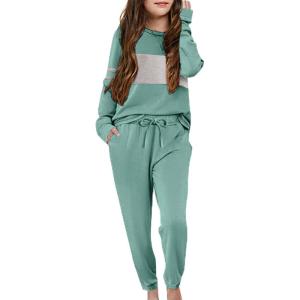 Arshiner Girls’ Clothing Sets Sweatsuits Long Sleeve Color Block Pullover Sweatshirts and Lounge Pants with Pocket(Pea Green)