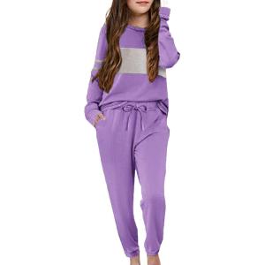 Arshiner Girls’ Clothing Sets Sweatsuits Long Sleeve Color Block Pullover Sweatshirts and Lounge Pants with Pocket(Purple)