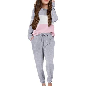 Arshiner Girls’ Clothing Sets Sweatsuits Long Sleeve Color Block Pullover Sweatshirts and Lounge Pants with Pocket(White Pink Grey)