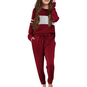 Arshiner Girls’ Clothing Sets Sweatsuits Long Sleeve Color Block Pullover Sweatshirts and Lounge Pants with Pocket(Wine Red Grey)