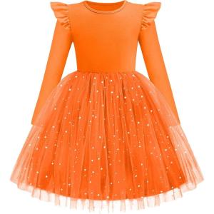 Arshiner Toddler Girls Tutu Dresses Long Sleeve Ruffle Fall Winter Holiday Star Sequin Tulle Dress 2-6Y(Orange)