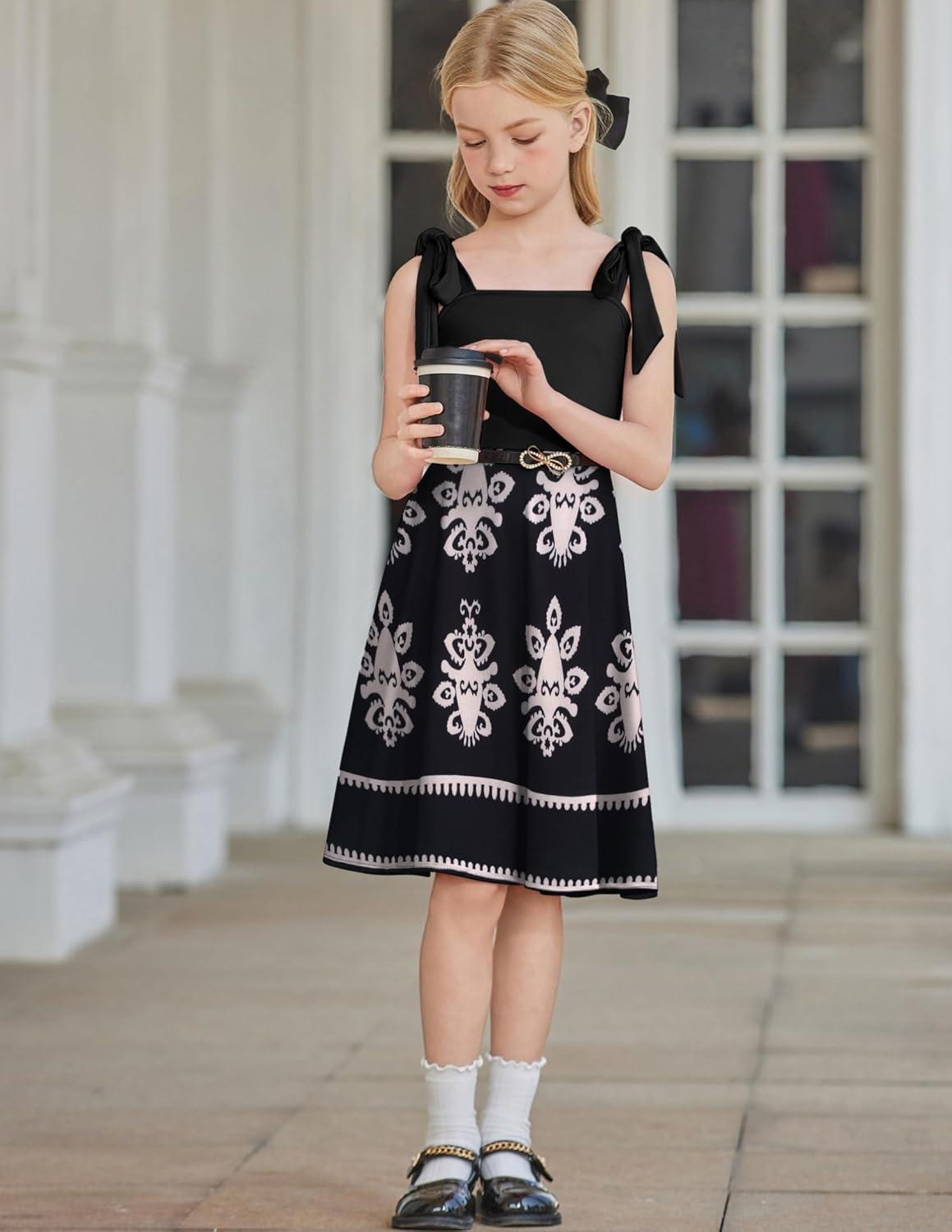 imageArshiner Girls Summer Dress Tie Strap Sleeveless Solid Color Square Neck Party Dresses 611 YFlower on Black