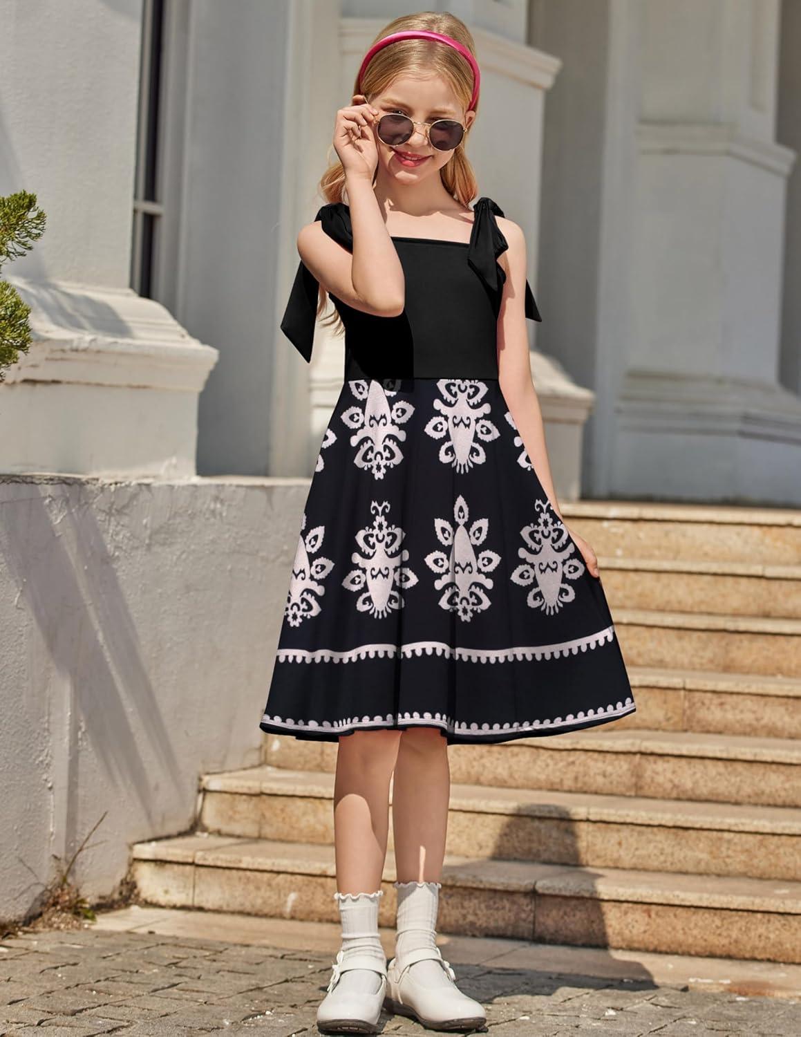 imageArshiner Girls Summer Dress Tie Strap Sleeveless Solid Color Square Neck Party Dresses 611 YFlower on Black