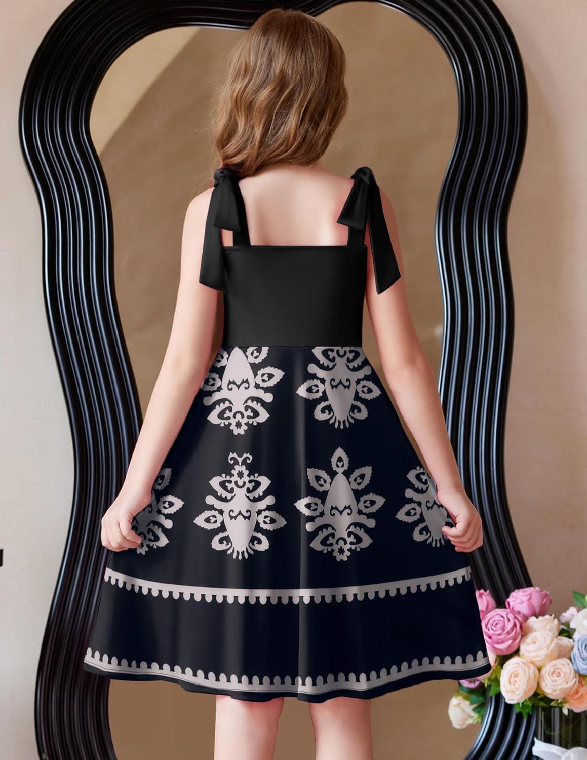 imageArshiner Girls Summer Dress Tie Strap Sleeveless Solid Color Square Neck Party Dresses 611 YFlower on Black