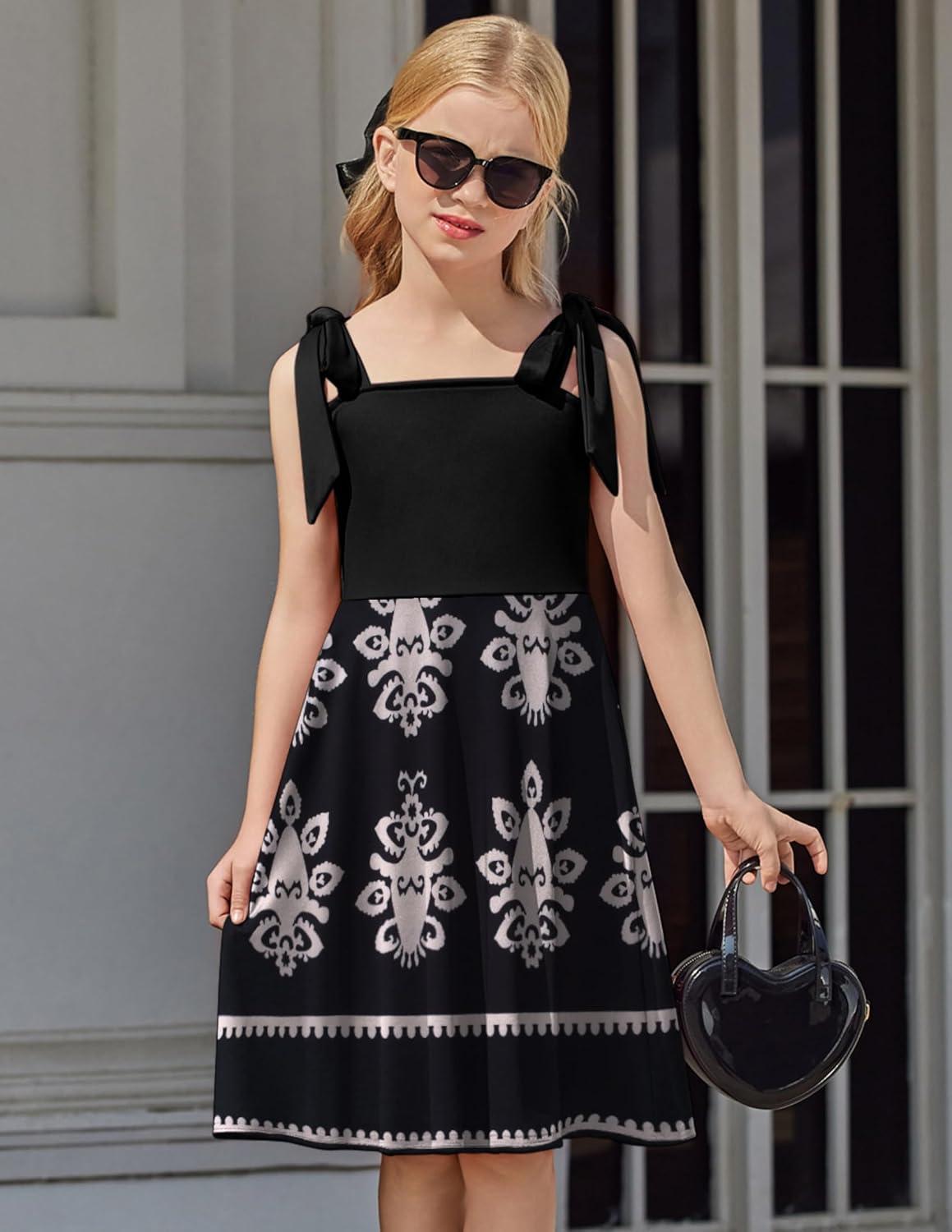 imageArshiner Girls Summer Dress Tie Strap Sleeveless Solid Color Square Neck Party Dresses 611 YFlower on Black