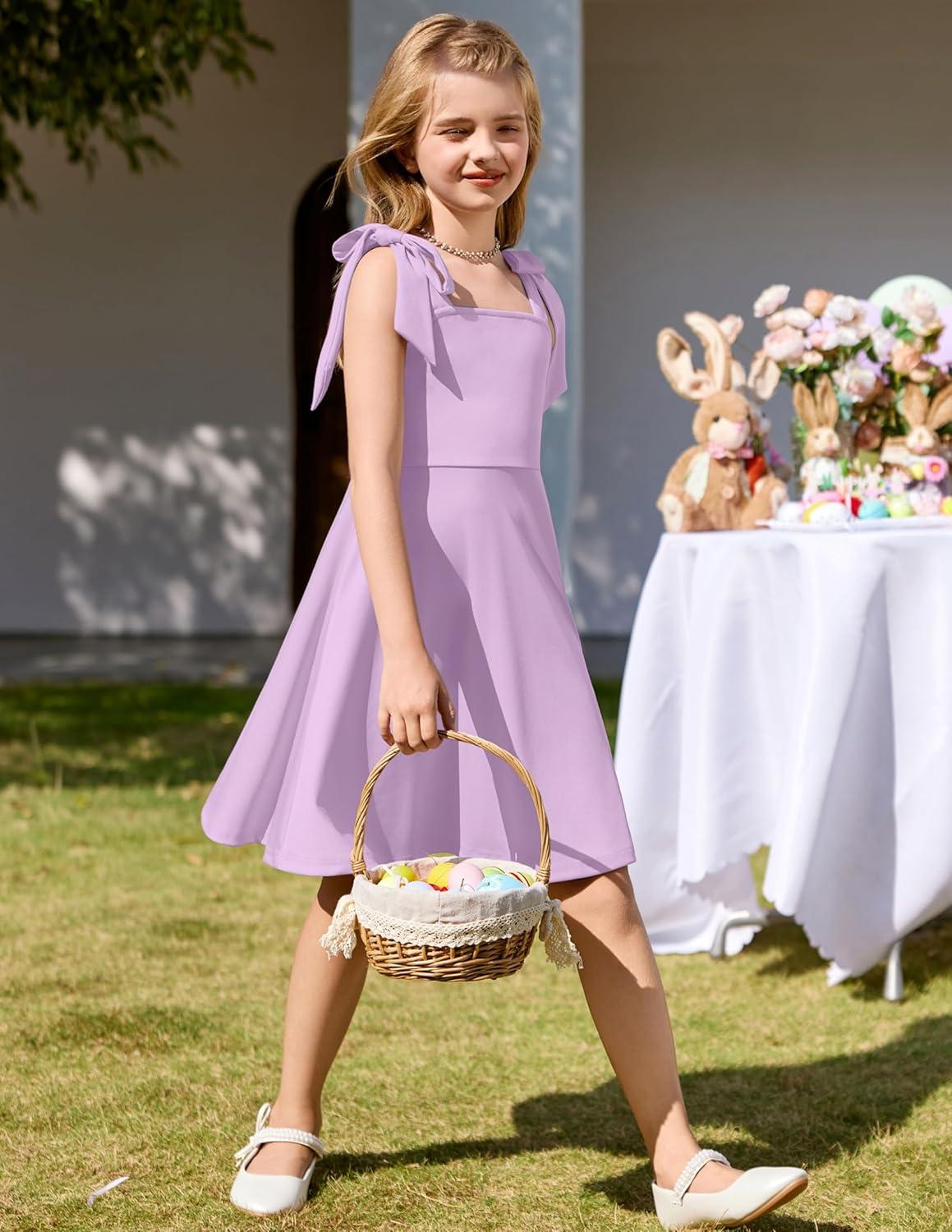 imageArshiner Girls Summer Dress Tie Strap Sleeveless Solid Color Square Neck Party Dresses 611 YLavender Purple
