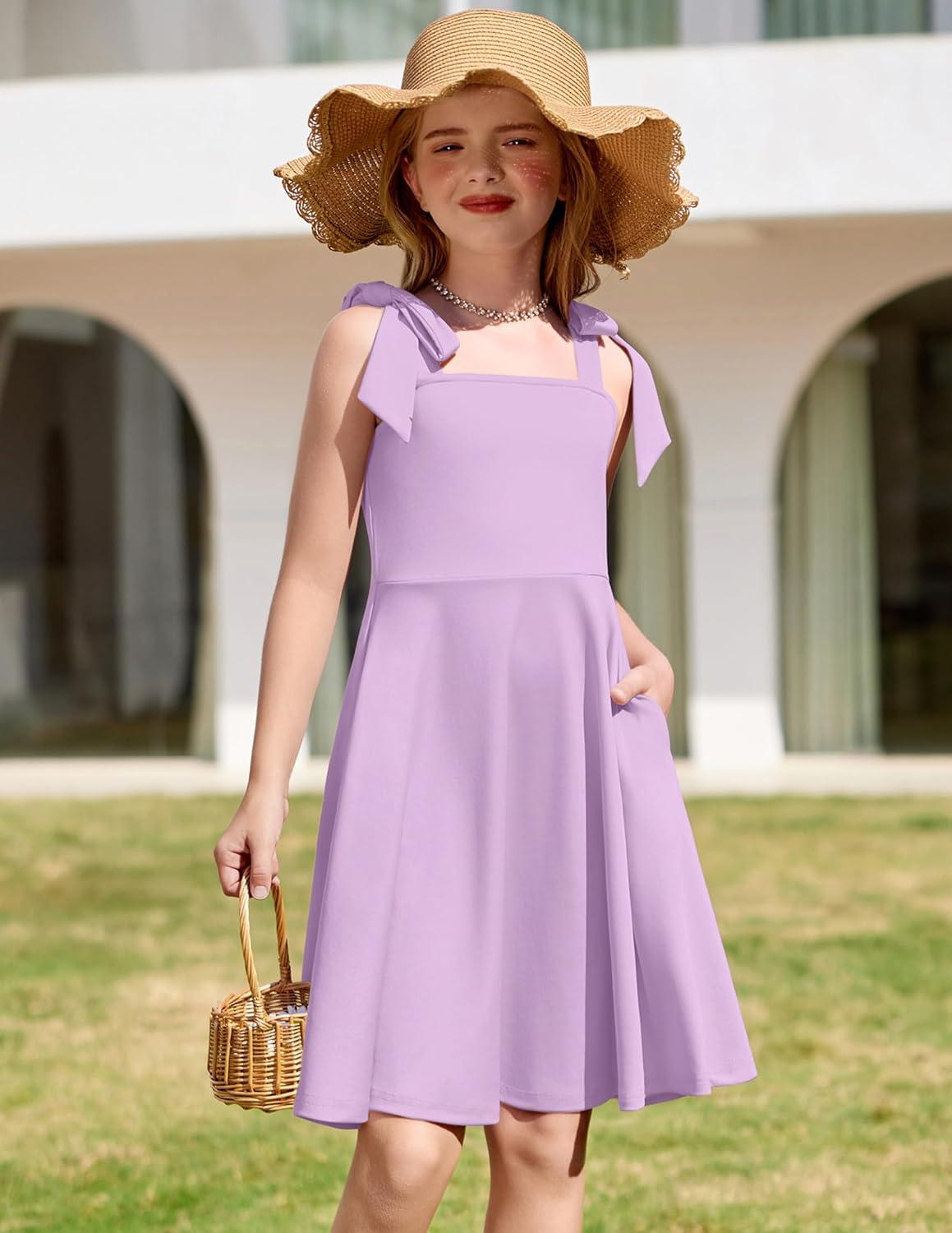 imageArshiner Girls Summer Dress Tie Strap Sleeveless Solid Color Square Neck Party Dresses 611 YLavender Purple