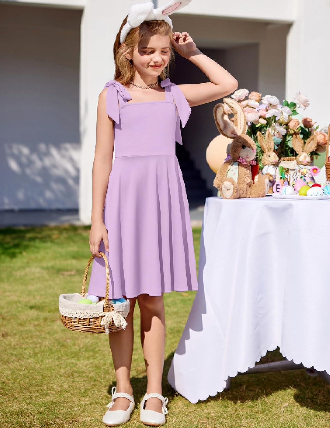 imageArshiner Girls Summer Dress Tie Strap Sleeveless Solid Color Square Neck Party Dresses 611 YLavender Purple