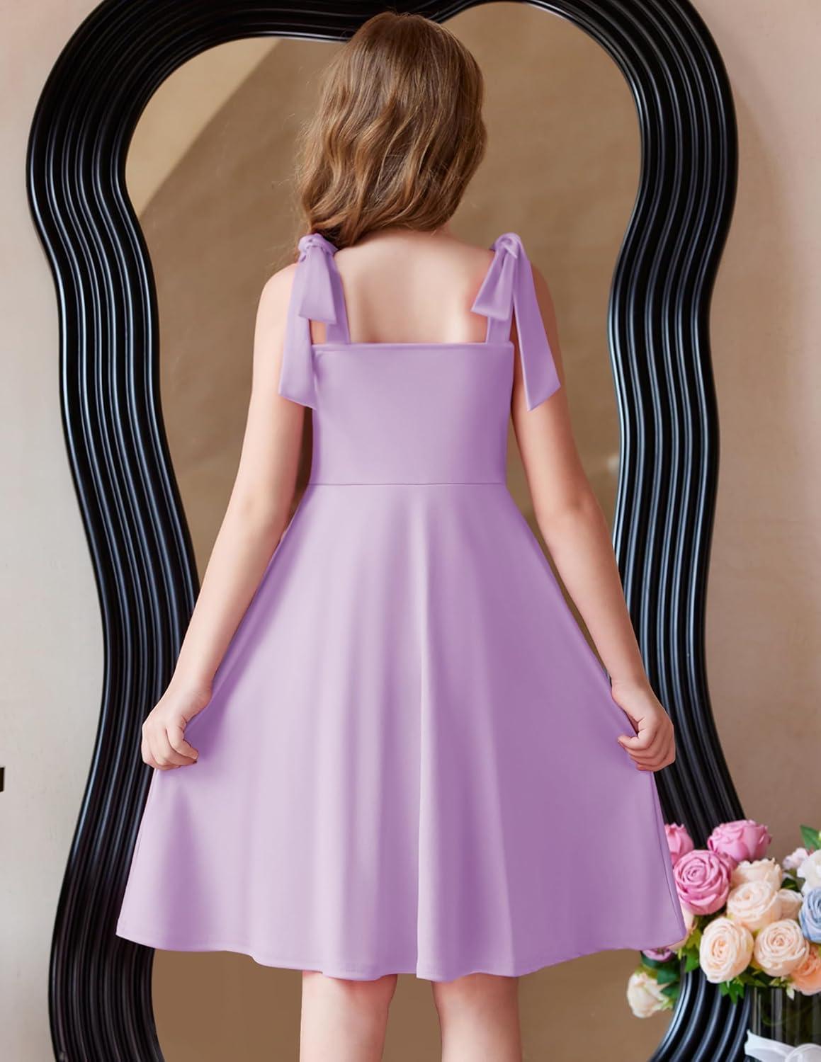 imageArshiner Girls Summer Dress Tie Strap Sleeveless Solid Color Square Neck Party Dresses 611 YLavender Purple