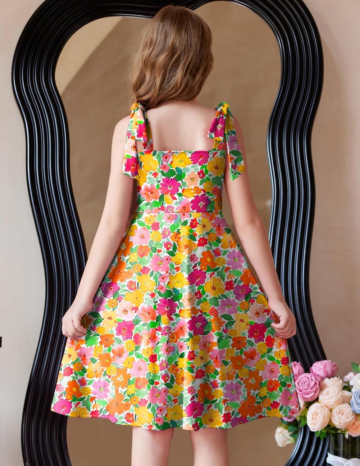 imageArshiner Girls Summer Dress Tie Strap Sleeveless Solid Color Square Neck Party Dresses 611 YOrange Yellow Pink Flower