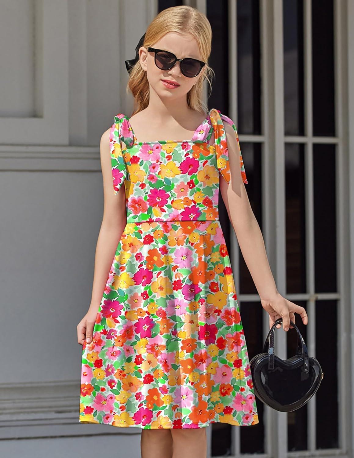 imageArshiner Girls Summer Dress Tie Strap Sleeveless Solid Color Square Neck Party Dresses 611 YOrange Yellow Pink Flower