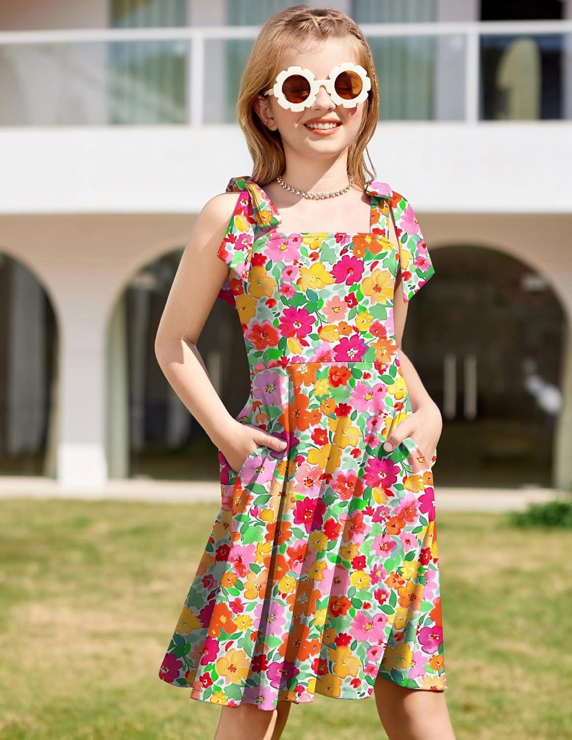 imageArshiner Girls Summer Dress Tie Strap Sleeveless Solid Color Square Neck Party Dresses 611 YOrange Yellow Pink Flower
