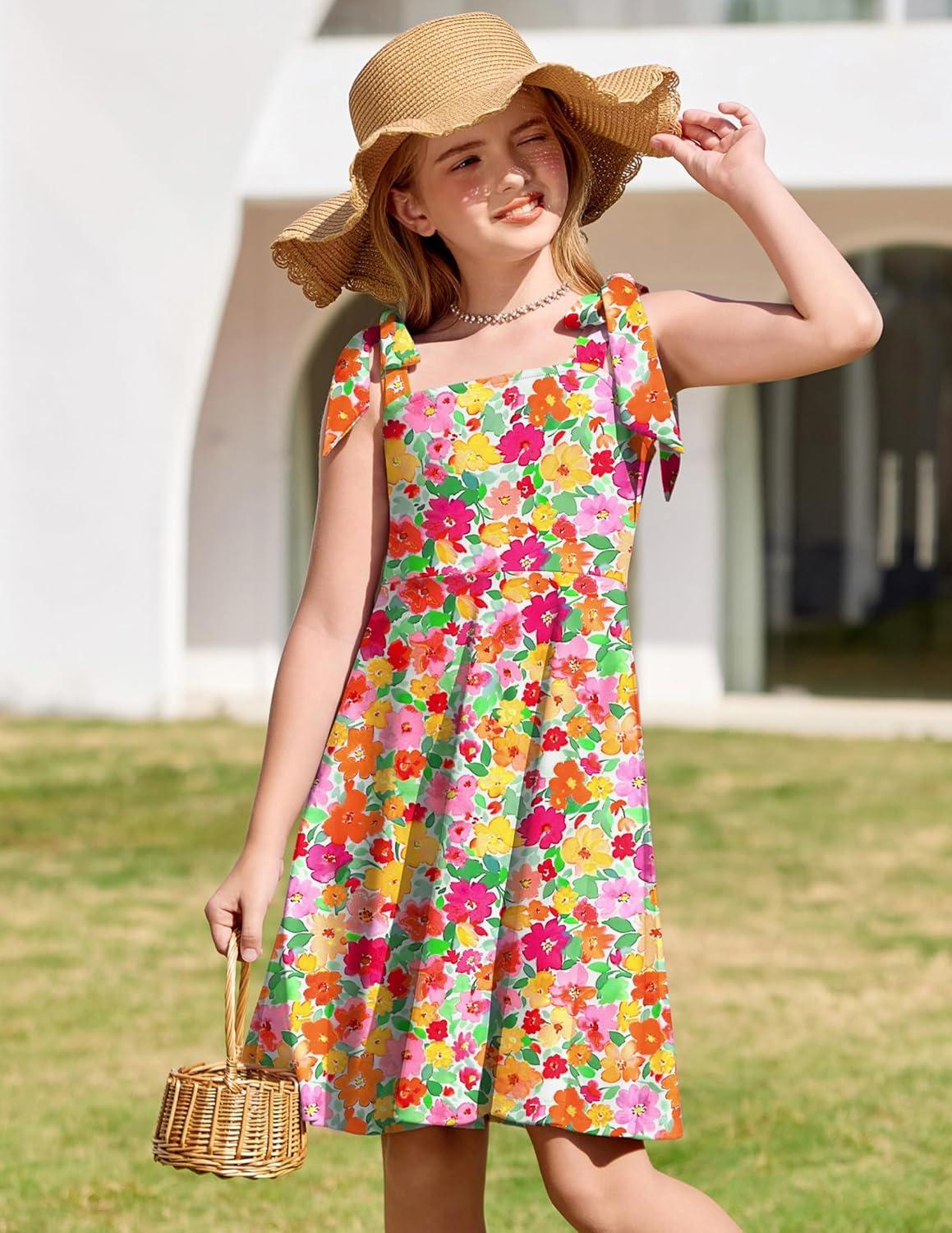 imageArshiner Girls Summer Dress Tie Strap Sleeveless Solid Color Square Neck Party Dresses 611 YOrange Yellow Pink Flower