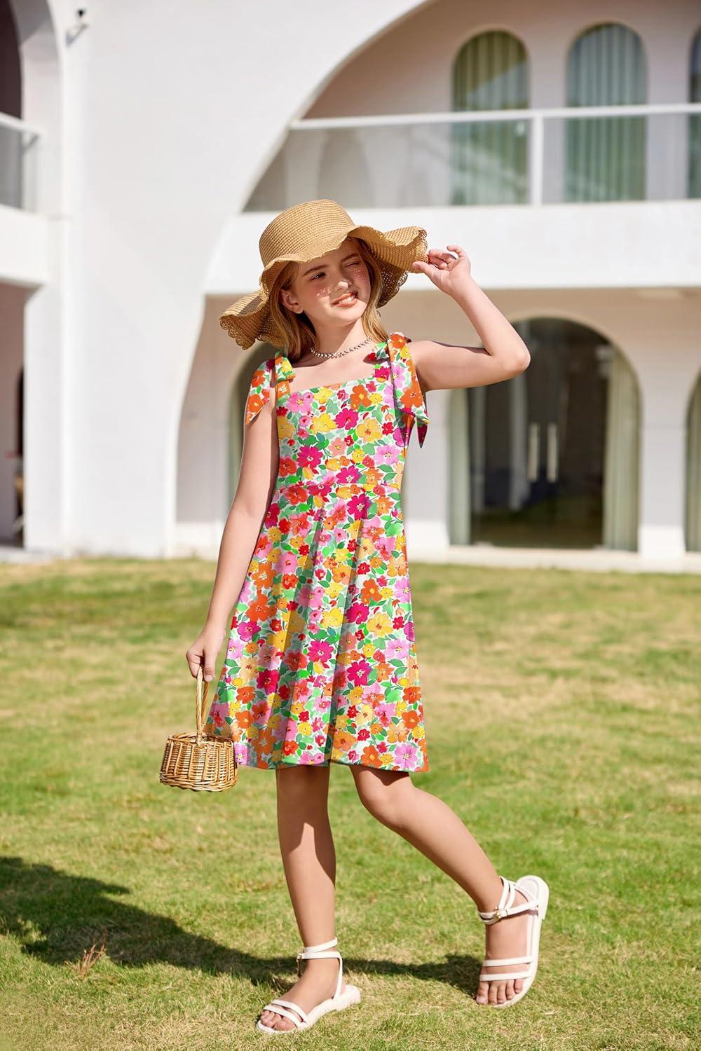 imageArshiner Girls Summer Dress Tie Strap Sleeveless Solid Color Square Neck Party Dresses 611 YOrange Yellow Pink Flower