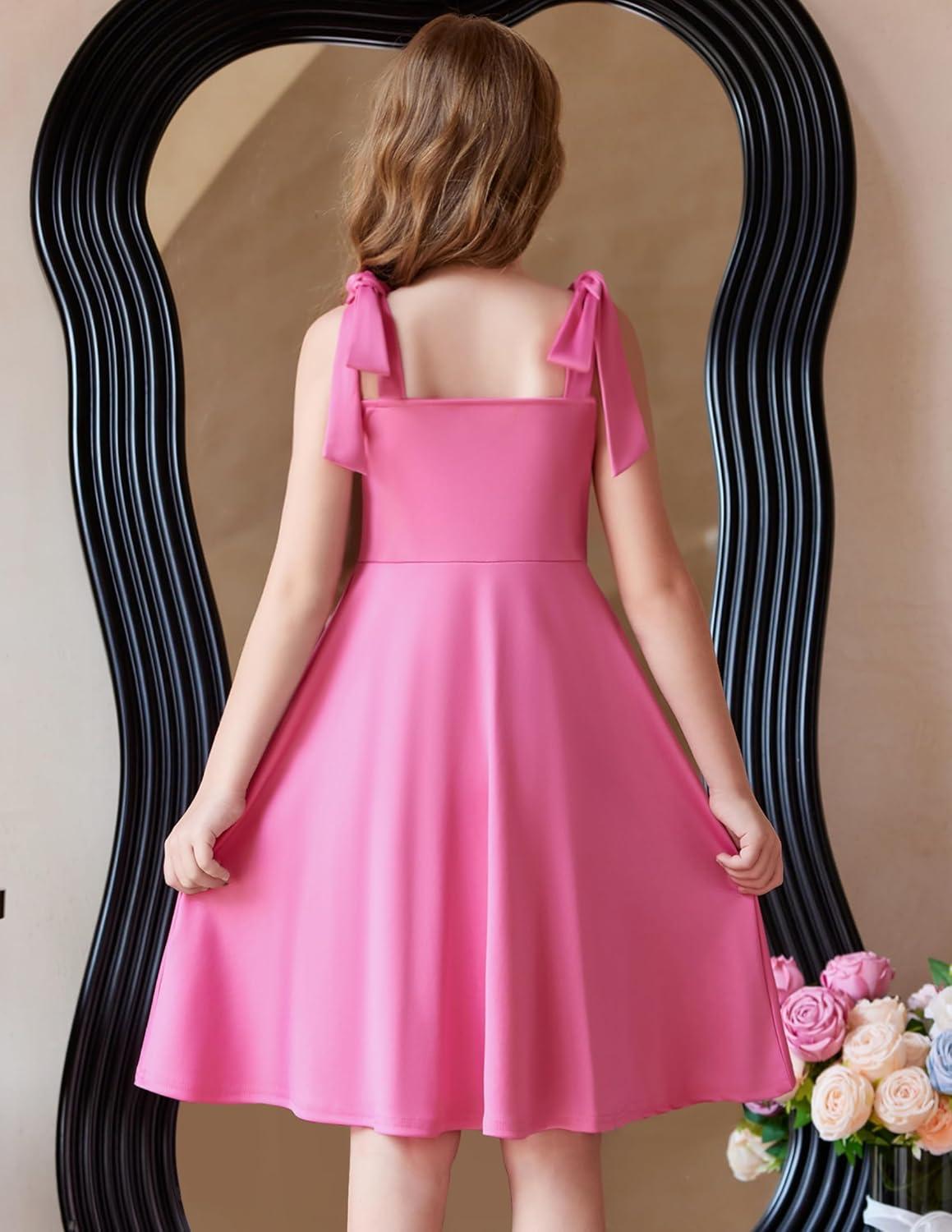 imageArshiner Girls Summer Dress Tie Strap Sleeveless Solid Color Square Neck Party Dresses 611 YPeach Pink