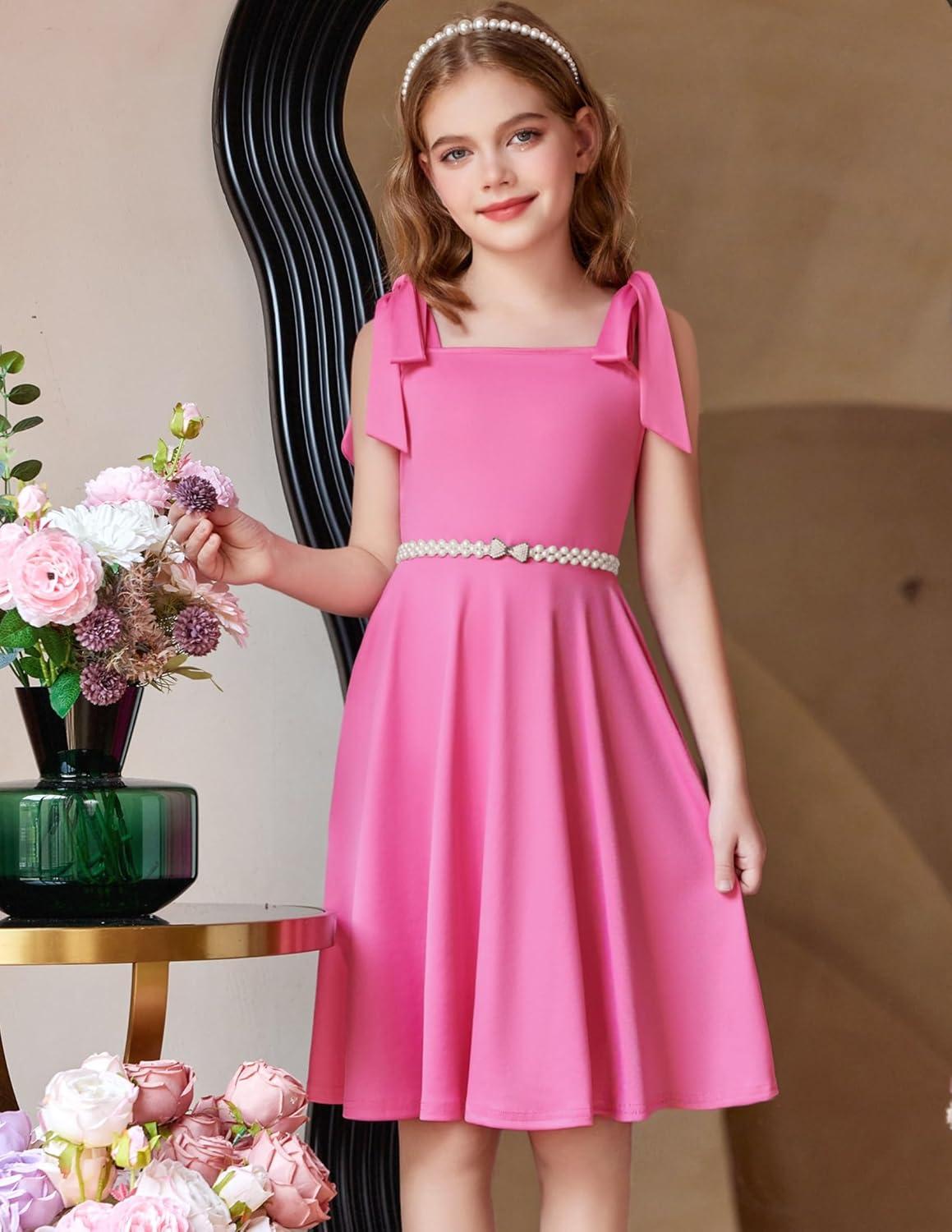 imageArshiner Girls Summer Dress Tie Strap Sleeveless Solid Color Square Neck Party Dresses 611 YPeach Pink