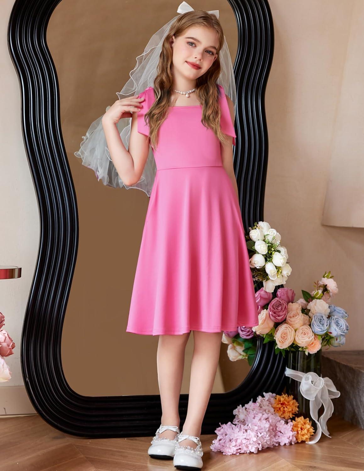 imageArshiner Girls Summer Dress Tie Strap Sleeveless Solid Color Square Neck Party Dresses 611 YPeach Pink