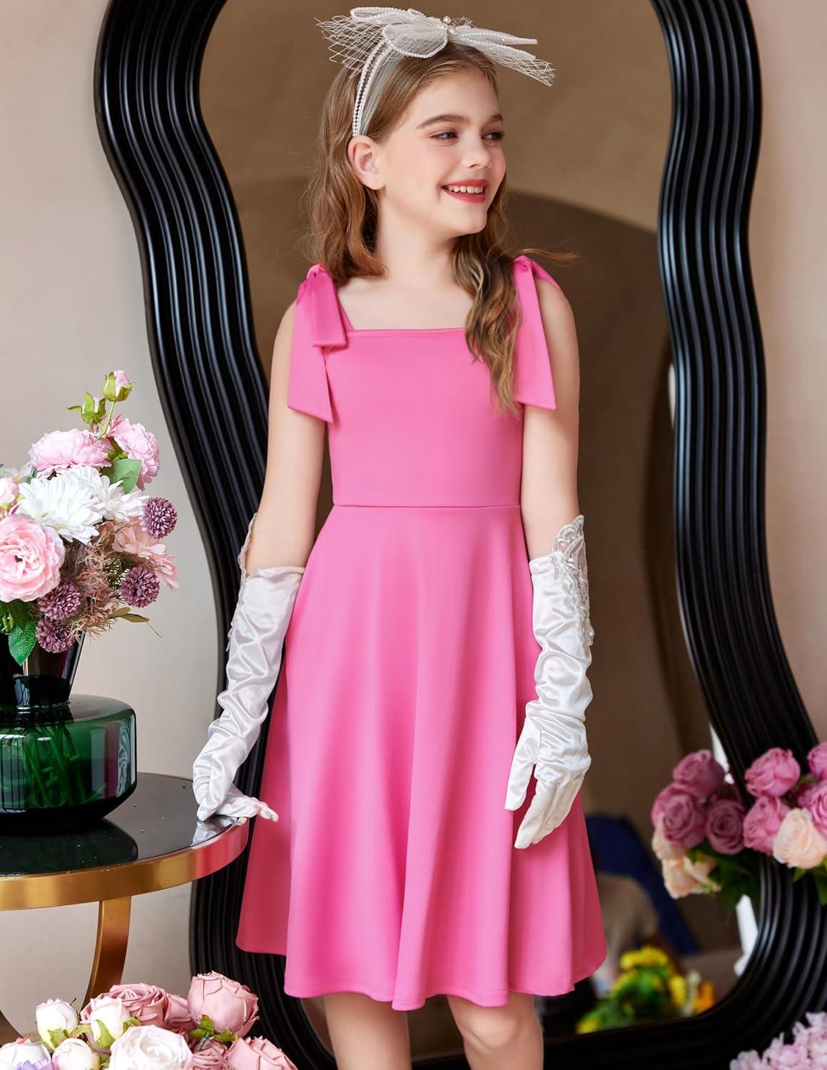imageArshiner Girls Summer Dress Tie Strap Sleeveless Solid Color Square Neck Party Dresses 611 YPeach Pink
