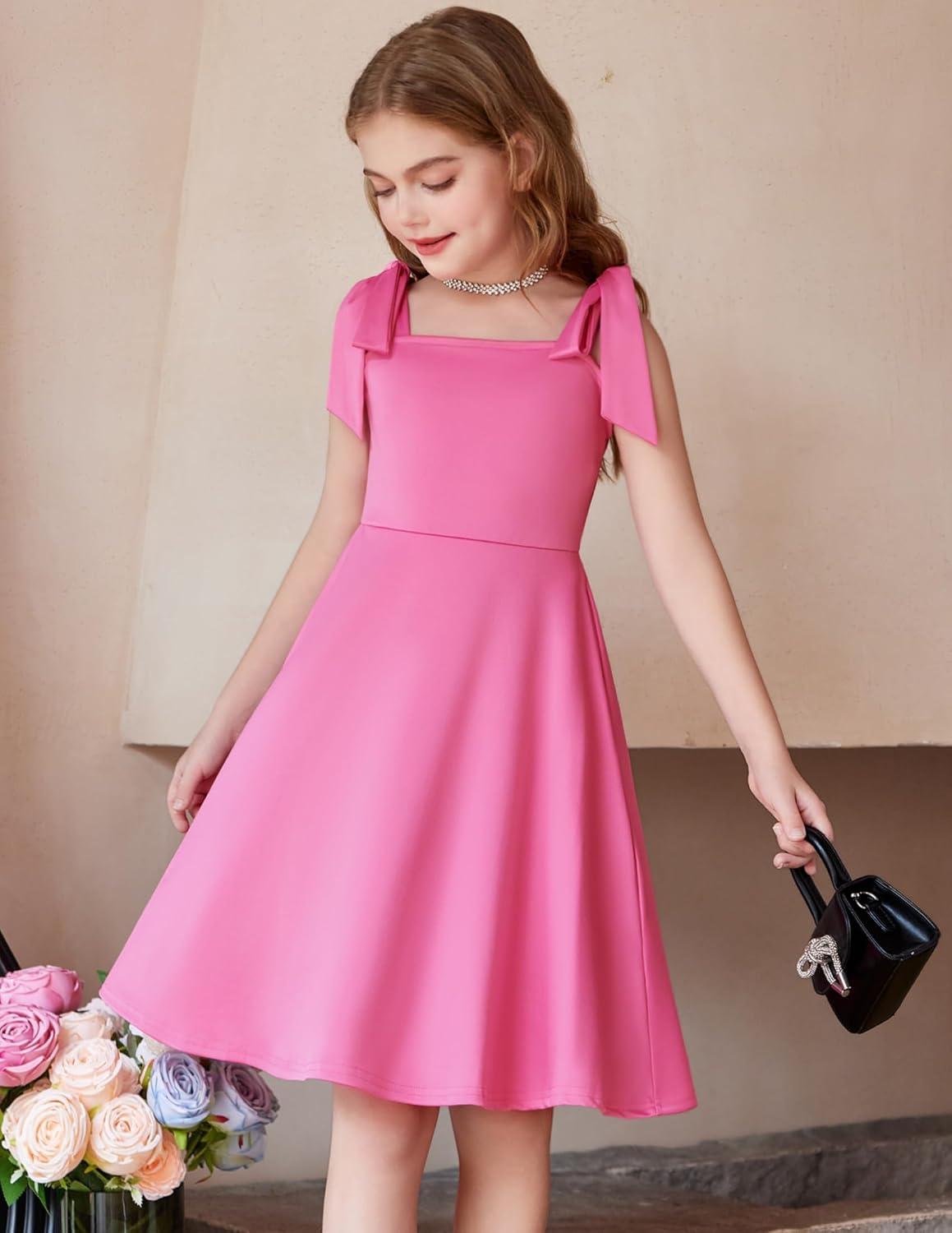 imageArshiner Girls Summer Dress Tie Strap Sleeveless Solid Color Square Neck Party Dresses 611 YPeach Pink