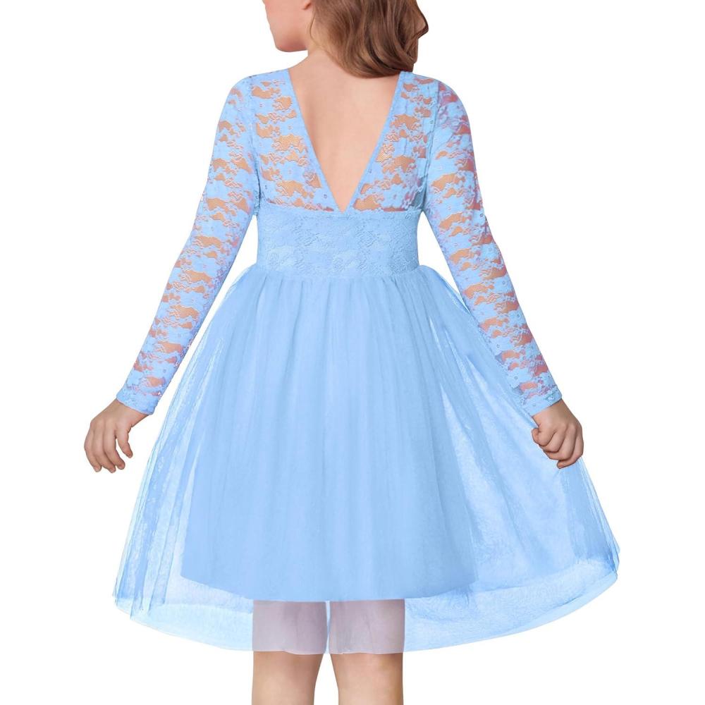 imageArshiner Flower Girl Dress V Back Lace Long Sleeve Tulle Special Occasion Wedding Party DressesBlue