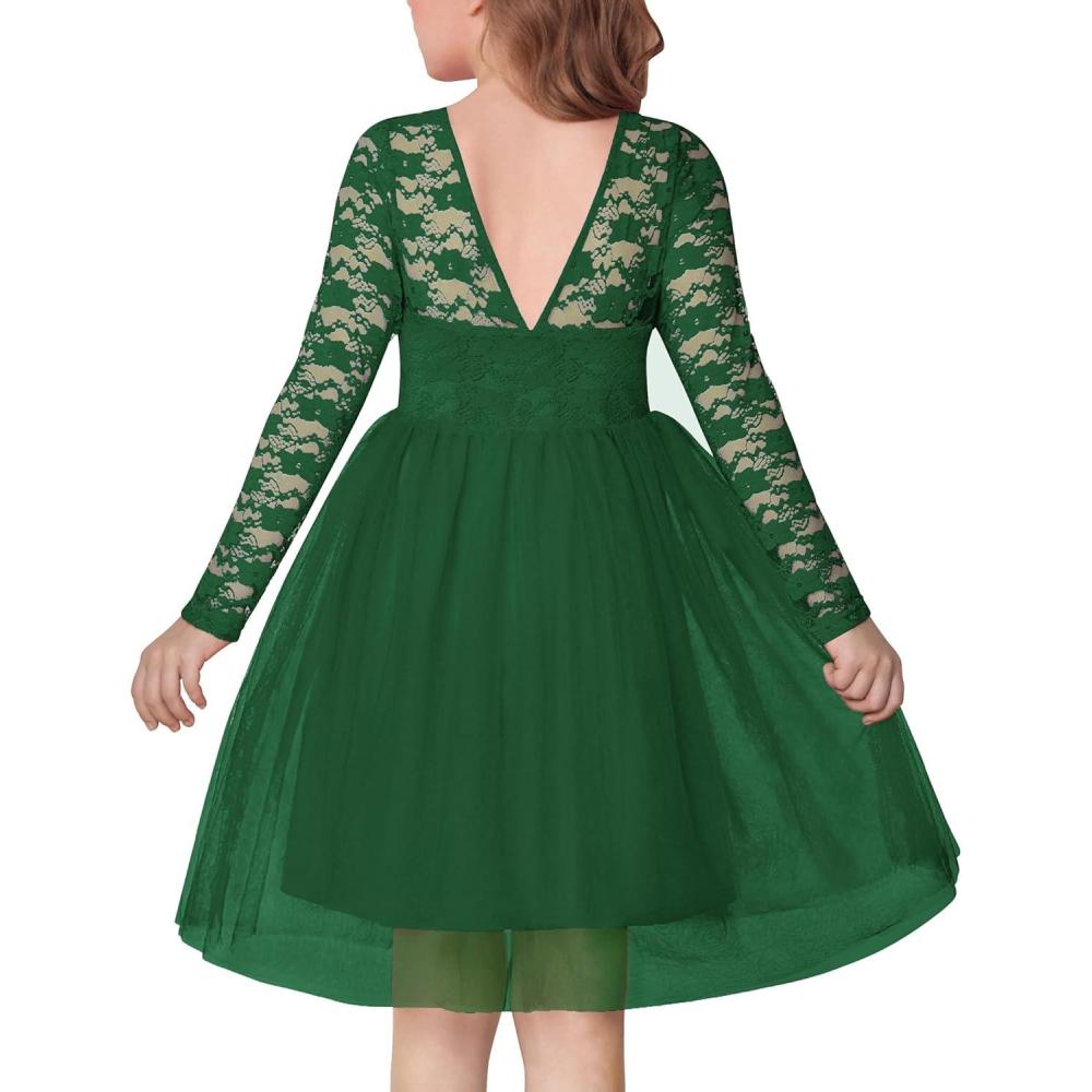 imageArshiner Flower Girl Dress V Back Lace Long Sleeve Tulle Special Occasion Wedding Party DressesDark Green