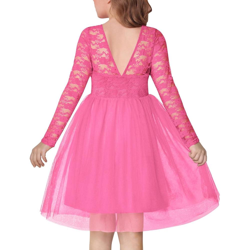 imageArshiner Flower Girl Dress V Back Lace Long Sleeve Tulle Special Occasion Wedding Party DressesHot Pink