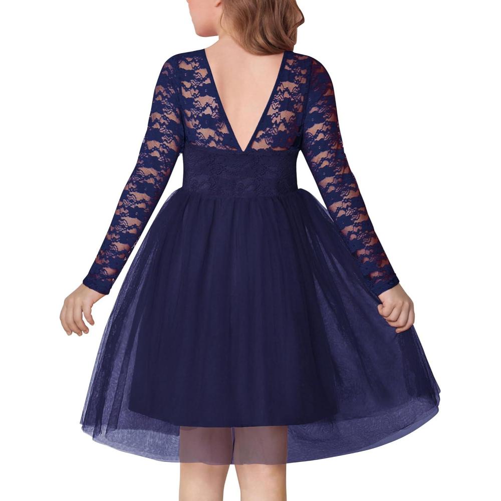 imageArshiner Flower Girl Dress V Back Lace Long Sleeve Tulle Special Occasion Wedding Party DressesNavy Blue