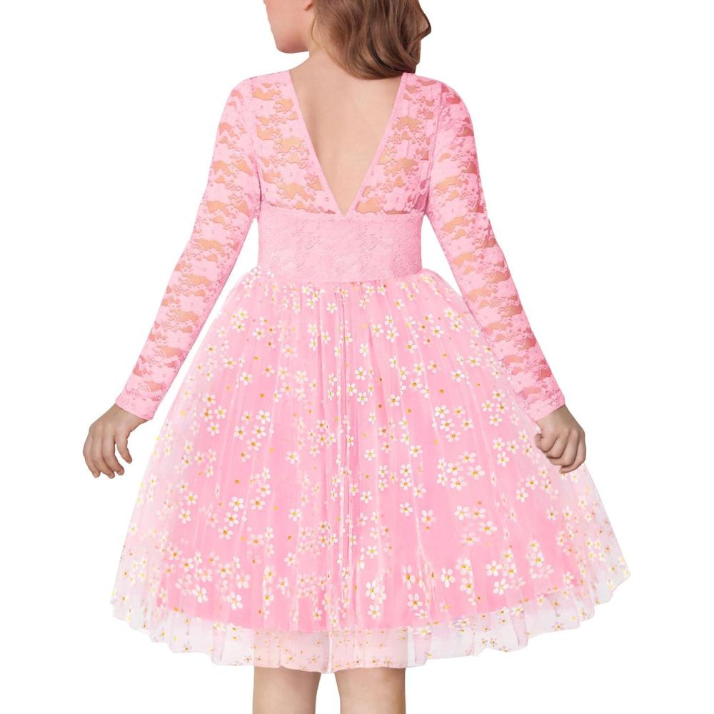 imageArshiner Flower Girl Dress V Back Lace Long Sleeve Tulle Special Occasion Wedding Party DressesPink