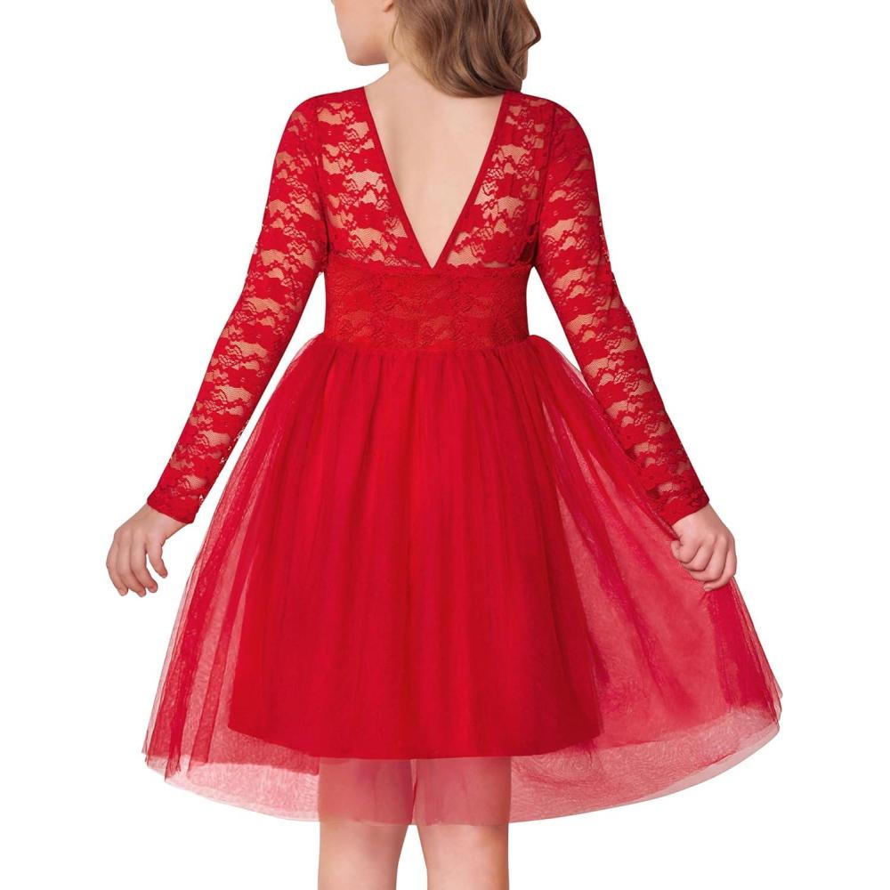 imageArshiner Flower Girl Dress V Back Lace Long Sleeve Tulle Special Occasion Wedding Party DressesRed
