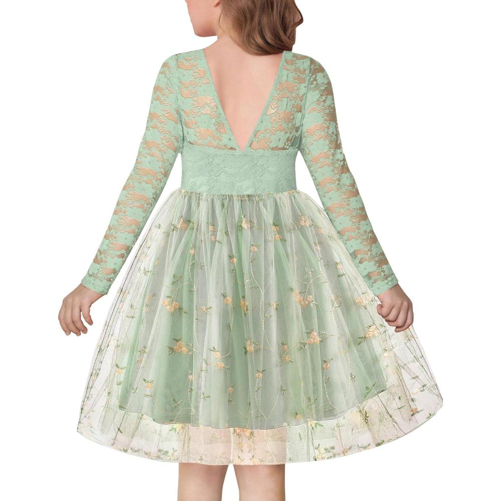 imageArshiner Flower Girl Dress V Back Lace Long Sleeve Tulle Special Occasion Wedding Party DressesSage Green