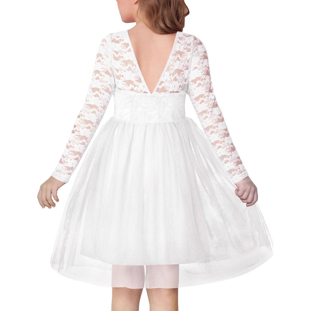 imageArshiner Flower Girl Dress V Back Lace Long Sleeve Tulle Special Occasion Wedding Party DressesWhite
