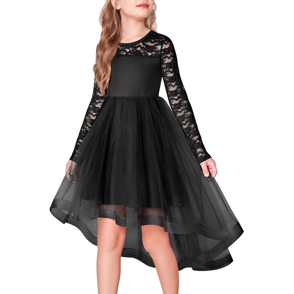 imageArshiner Flower Girl Lace Tutu Dresses High Low Hem Long Sleeve Flowy Formal Party Wedding DressBlack