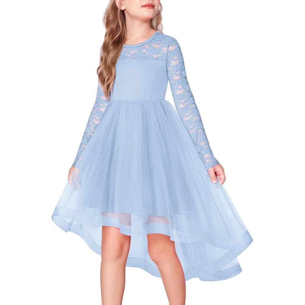imageArshiner Flower Girl Lace Tutu Dresses High Low Hem Long Sleeve Flowy Formal Party Wedding DressBlue