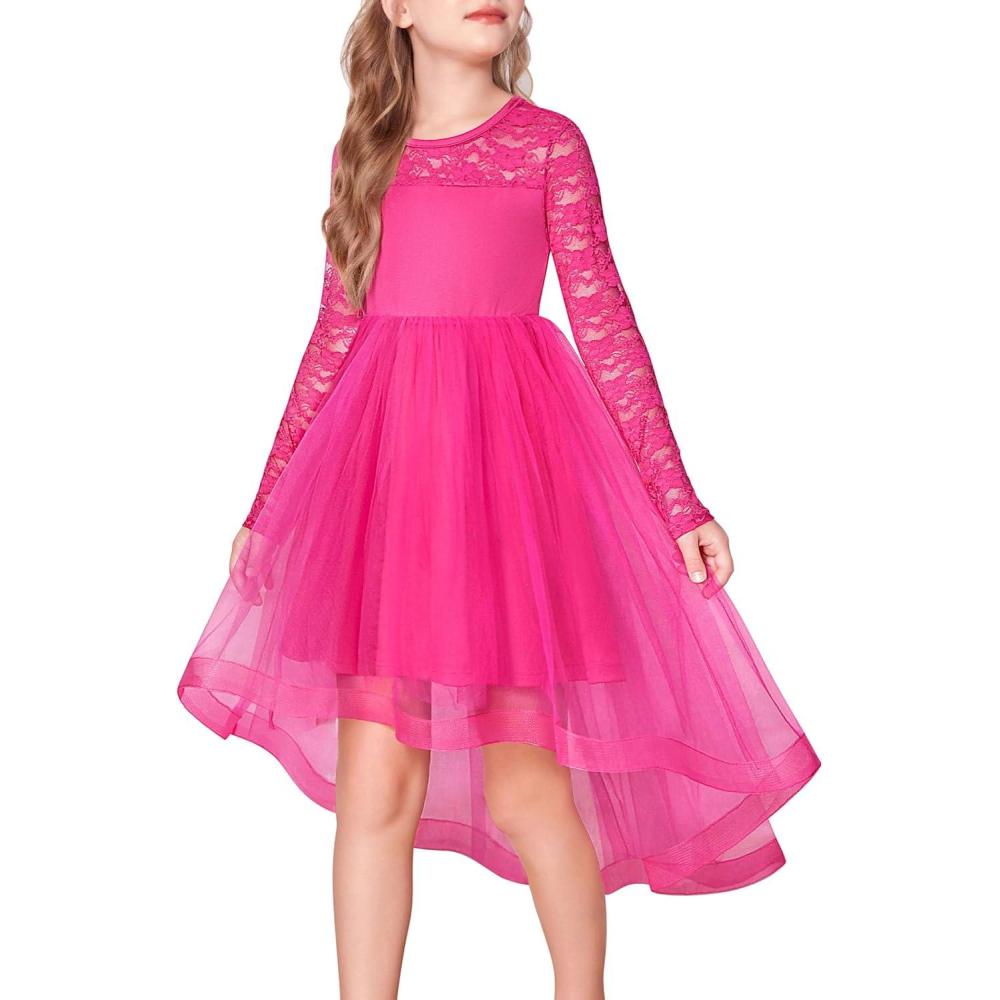 imageArshiner Flower Girl Lace Tutu Dresses High Low Hem Long Sleeve Flowy Formal Party Wedding DressHot Pink