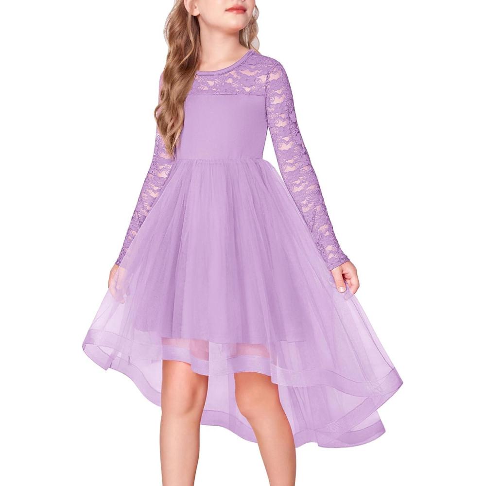imageArshiner Flower Girl Lace Tutu Dresses High Low Hem Long Sleeve Flowy Formal Party Wedding DressLavender