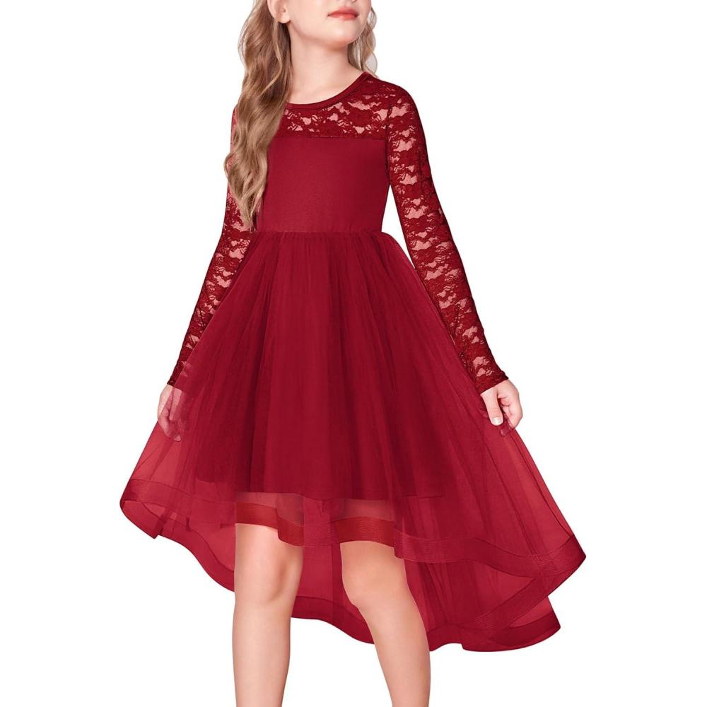 imageArshiner Flower Girl Lace Tutu Dresses High Low Hem Long Sleeve Flowy Formal Party Wedding DressRed