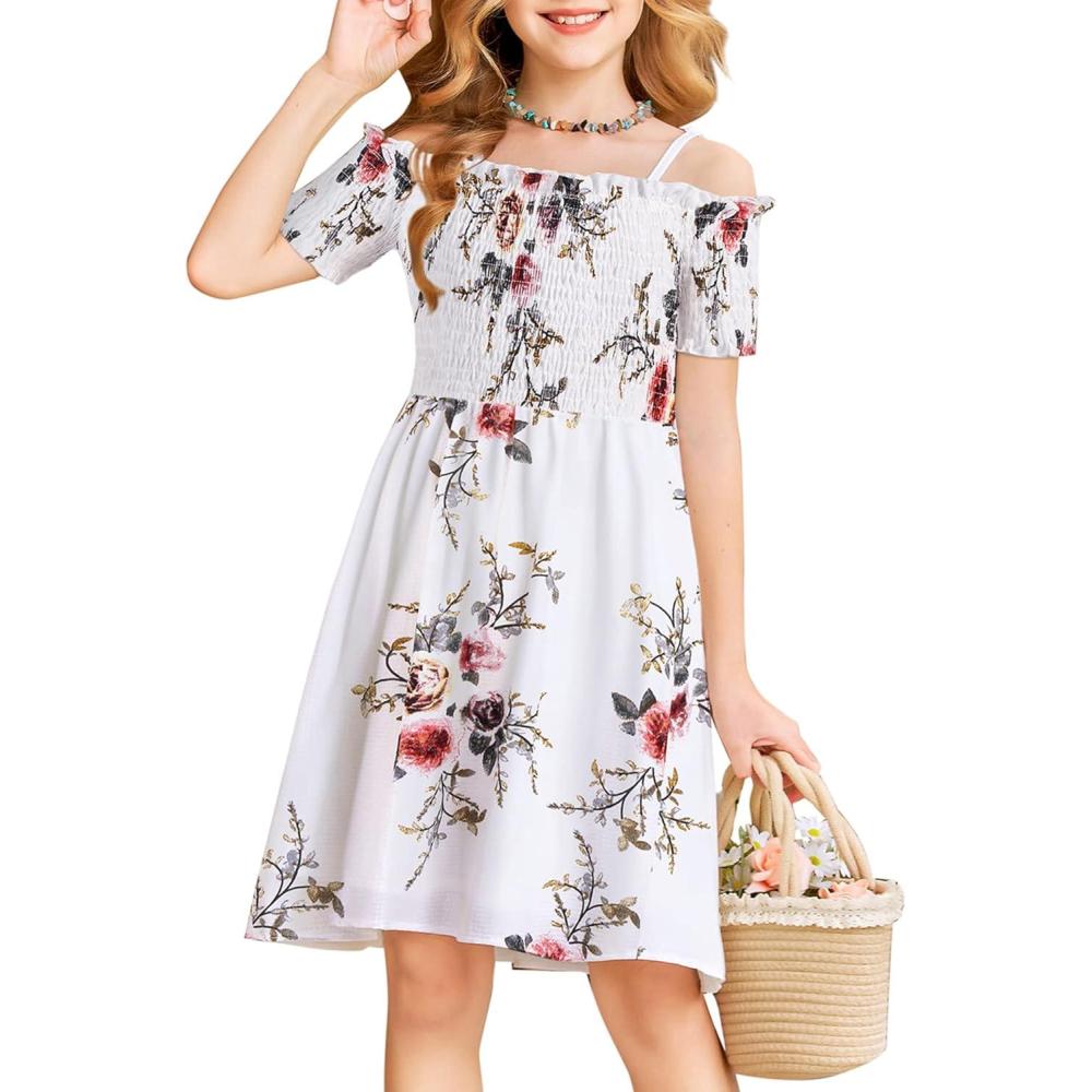 imageArshiner Girls Casual Summer Floral Sleeveless Sundress Holiday Cami DressAwhite