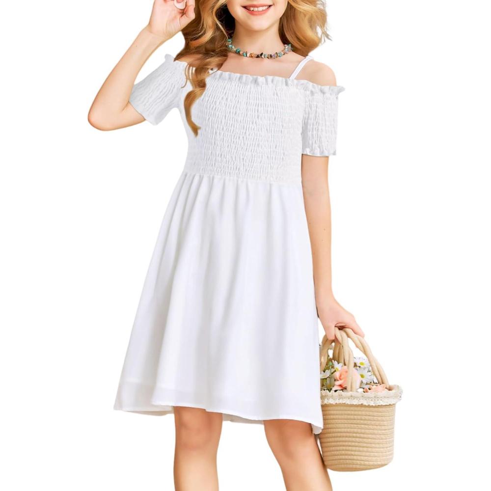 imageArshiner Girls Casual Summer Floral Sleeveless Sundress Holiday Cami DressSolid White