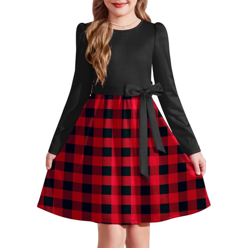 imageArshiner Girls Dresses Puff Long Sleeve Fall Winter Formal Party Belted Dress with Pockets 614YBlackred