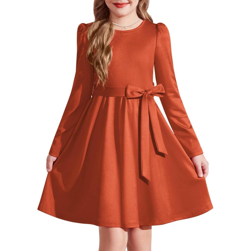 imageArshiner Girls Dresses Puff Long Sleeve Fall Winter Formal Party Belted Dress with Pockets 614YCaramel