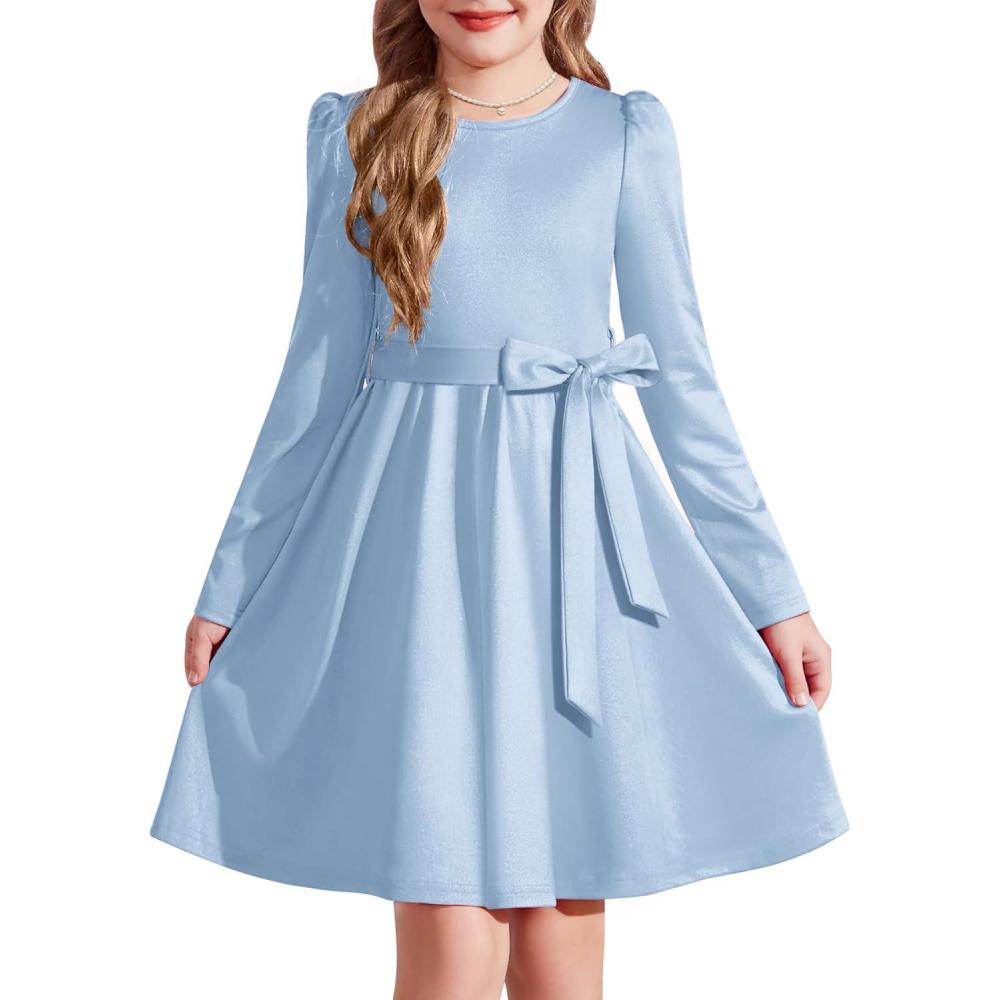 imageArshiner Girls Dresses Puff Long Sleeve Fall Winter Formal Party Belted Dress with Pockets 614YLight Blue
