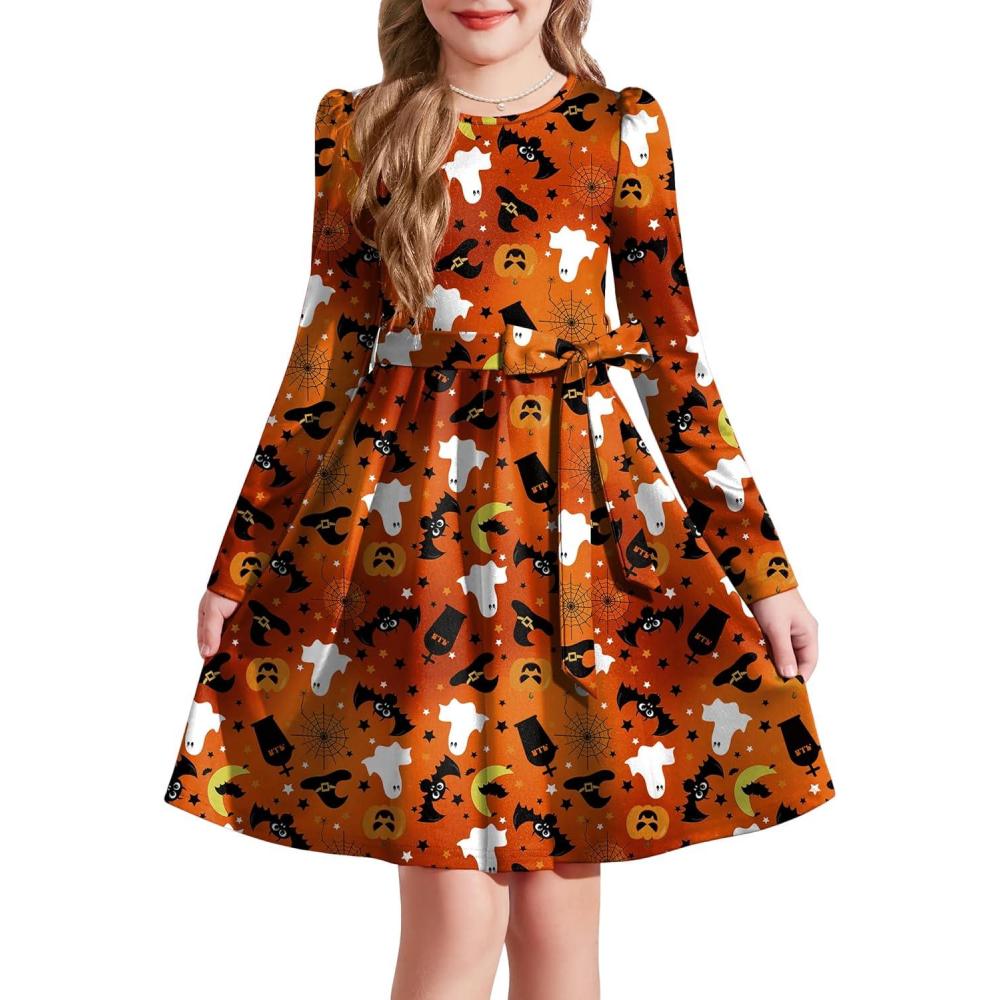 imageArshiner Girls Dresses Puff Long Sleeve Fall Winter Formal Party Belted Dress with Pockets 614YOrange