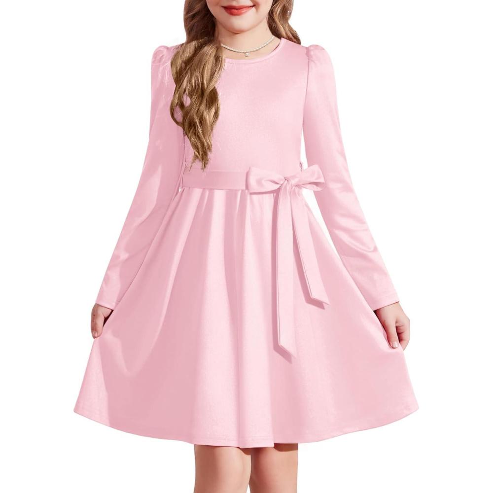 imageArshiner Girls Dresses Puff Long Sleeve Fall Winter Formal Party Belted Dress with Pockets 614YPink