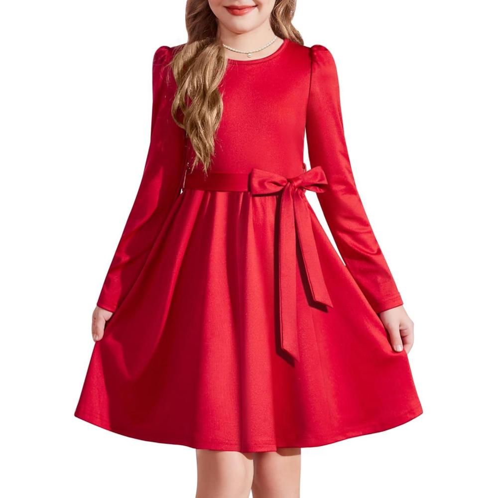 imageArshiner Girls Dresses Puff Long Sleeve Fall Winter Formal Party Belted Dress with Pockets 614YRed